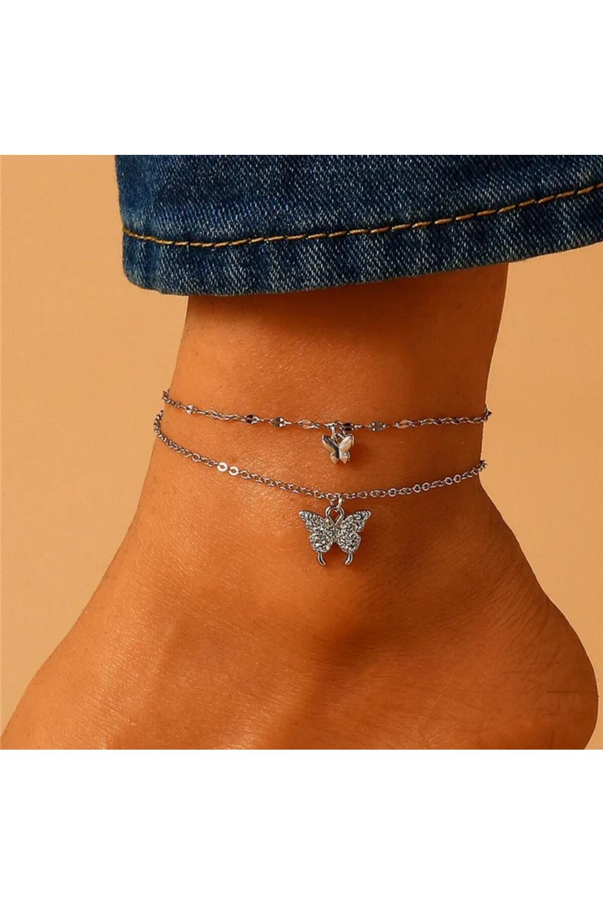 toptanhanem Çift Kat Kelebek Detaylı Rodyum Zincir Halhal