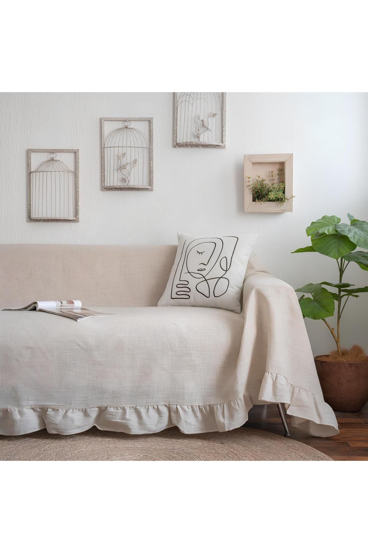 220x200 Cm Geniş Fırfırlı Pamuklu Buldan Keten Çekyat - Koltuk Örtüsü