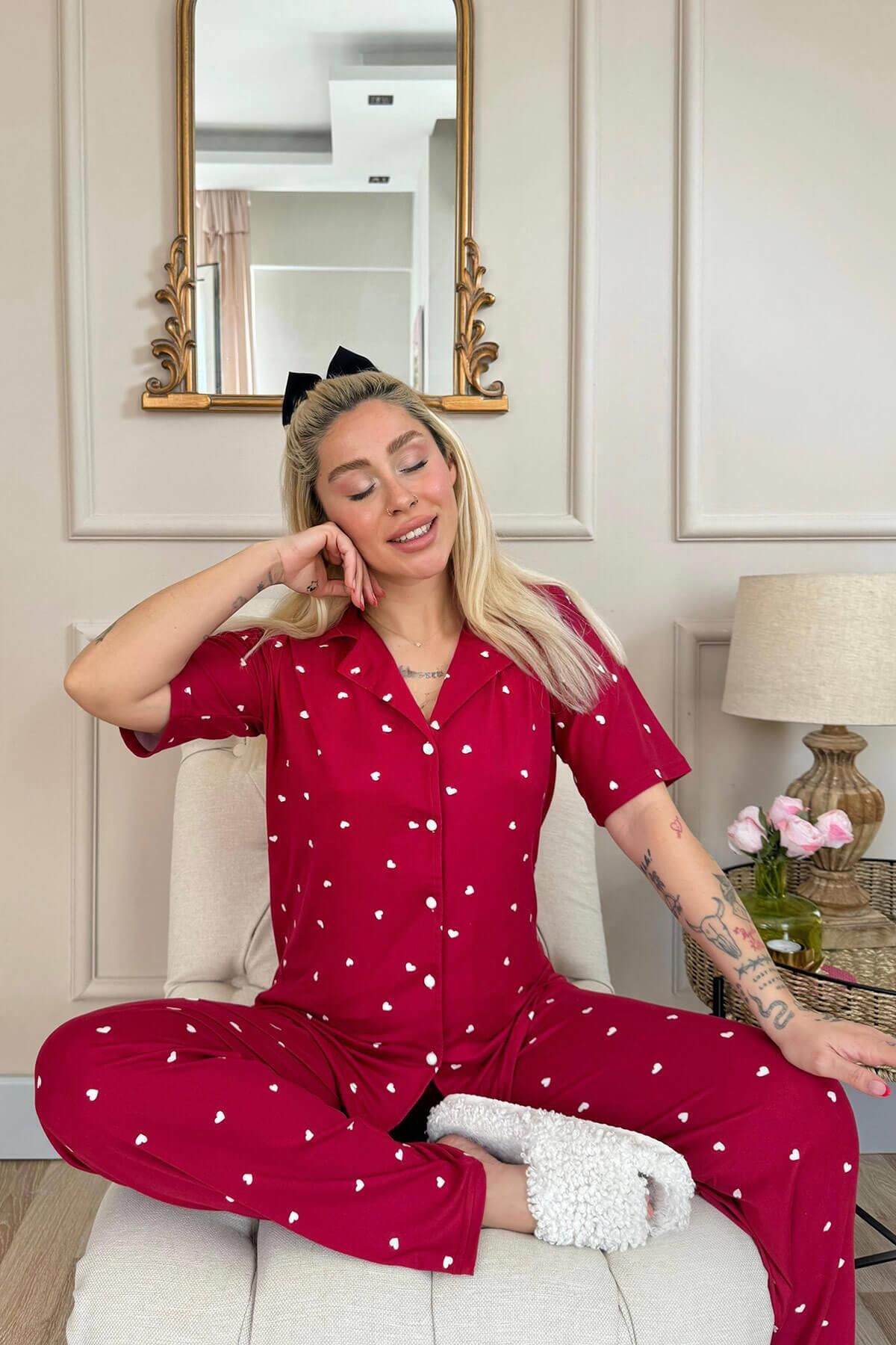 Pijamaevi-Claret Red Heart Patterned Bamboo Front Buttoned Short Sleeve Pajama Set 4
