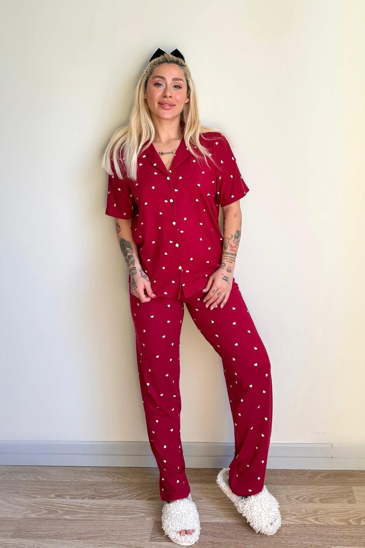 Pijamaevi-Claret Red Heart Patterned Bamboo Front Buttoned Short Sleeve Pajama Set 6