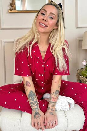 Pijamaevi Bordo Heart Desenli Bambu Önden Düğmeli Kısa Kol Pijama Takımı