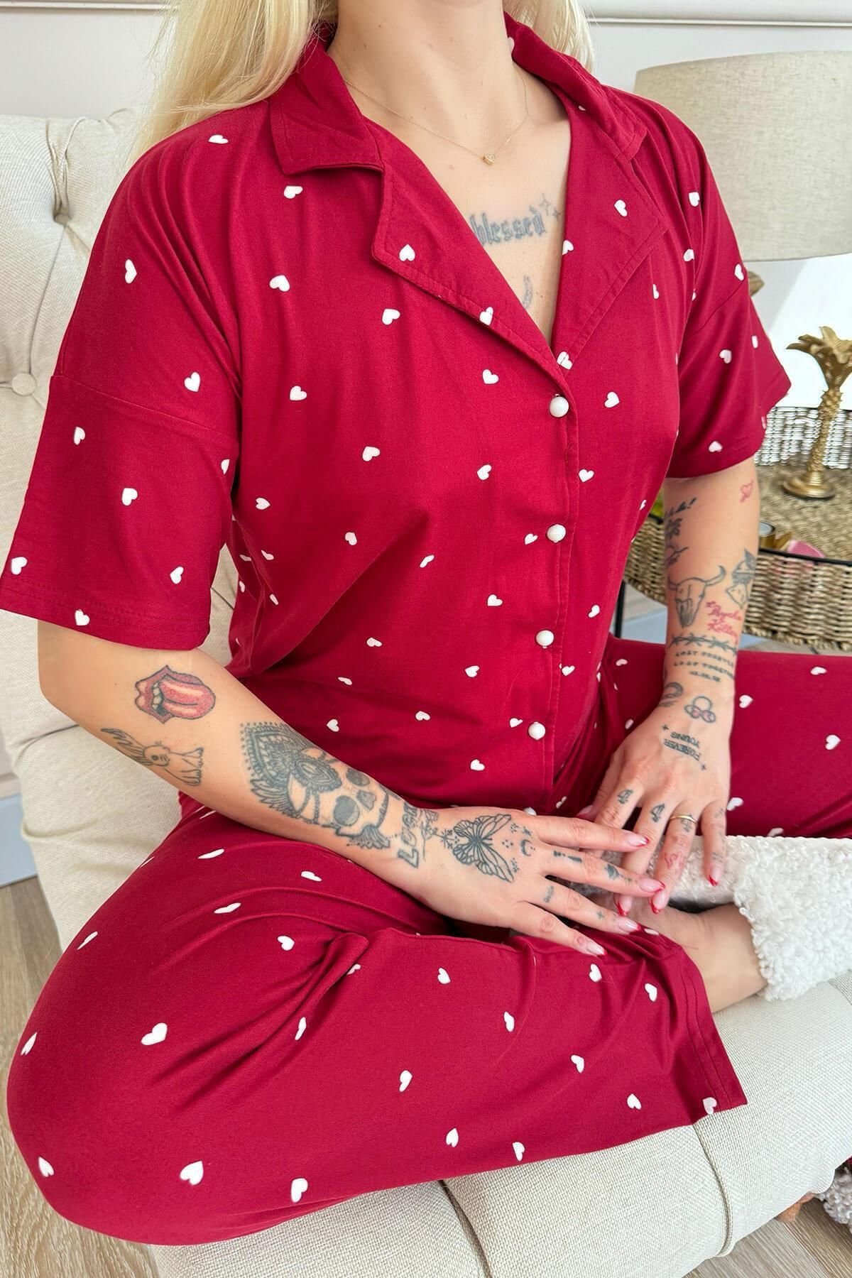 Pijamaevi-Claret Red Heart Patterned Bamboo Front Buttoned Short Sleeve Pajama Set 5