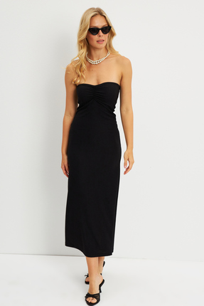 Cool & Sexy Kadın Siyah Bürümcük Straplez Midi Elbise EY2787