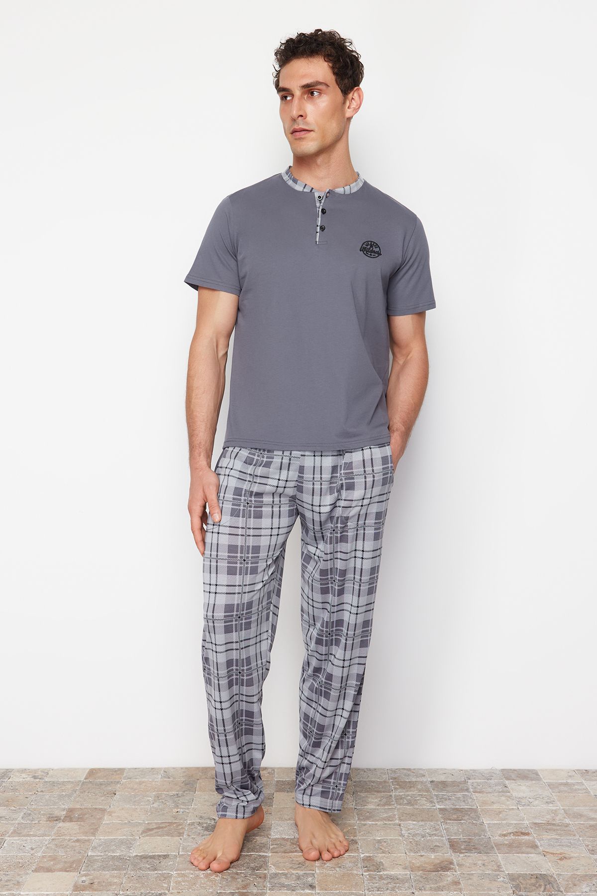 Trendyol Collection-Plaid Patterned Anthracite Knitted Pajama Set - Regular Fit TMNSS24PT00037 1