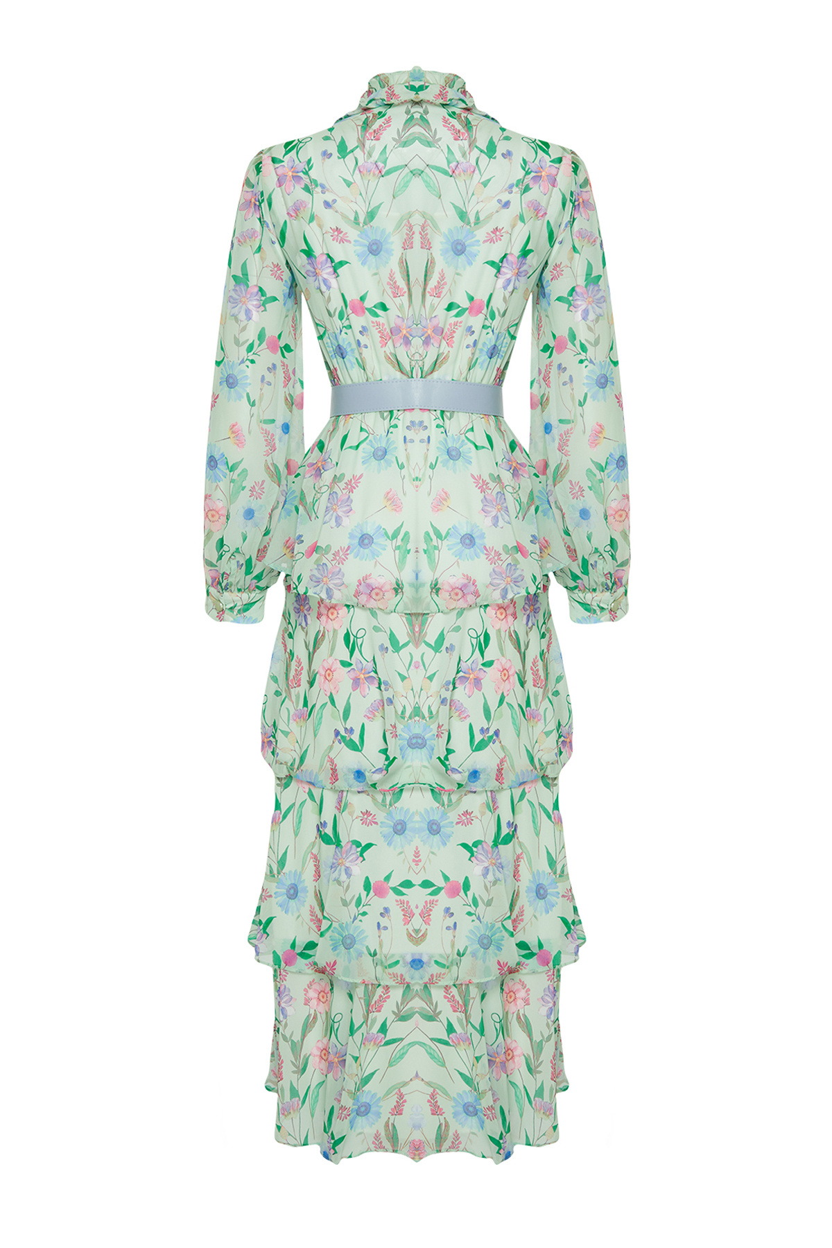 Trendyol Modest-Zelené lemované šifonové květinové tkané šaty TCTSS24EB00024 8
