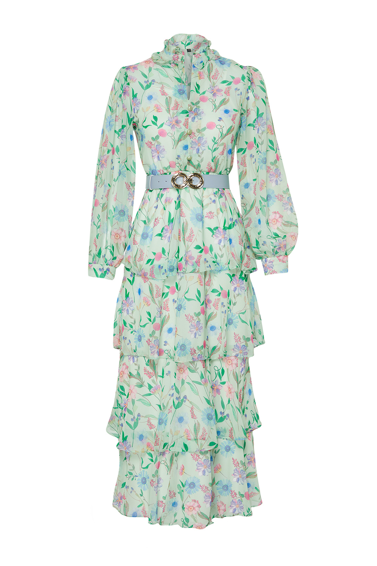 Trendyol Modest-Zelené lemované šifonové květinové tkané šaty TCTSS24EB00024 7