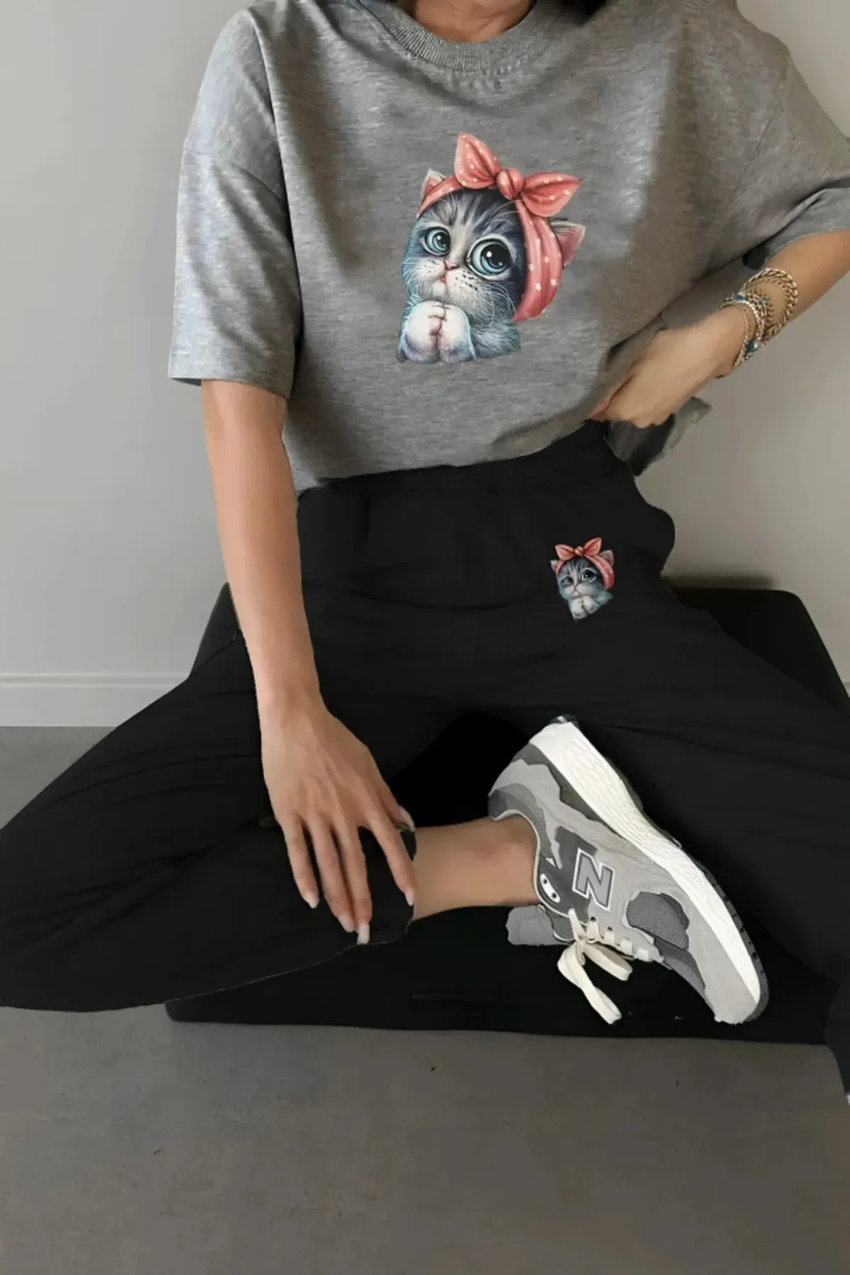 Cute Cat Grey T-Shirt Black Jogger - Bottom Top Tracksuit Crew Neck
