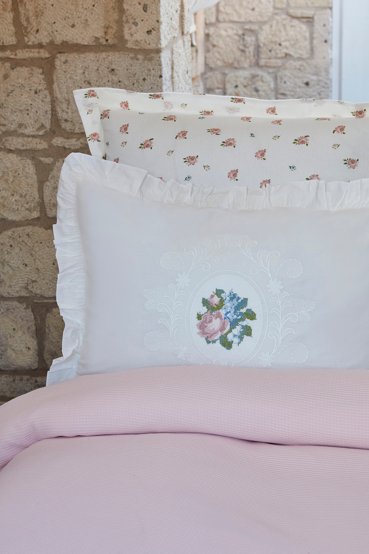 Fayette Çift Kişilik Nakışlı Nish Set Pudra 4