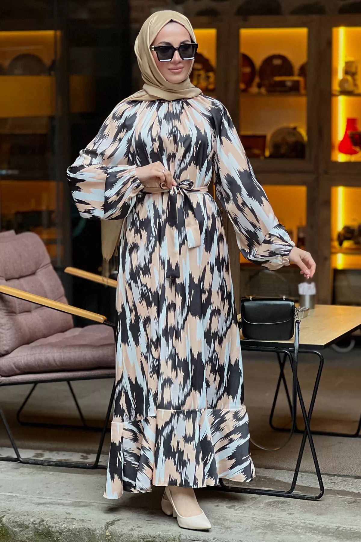julude-Rochie elegantă drapată cu curea cu model bej 3