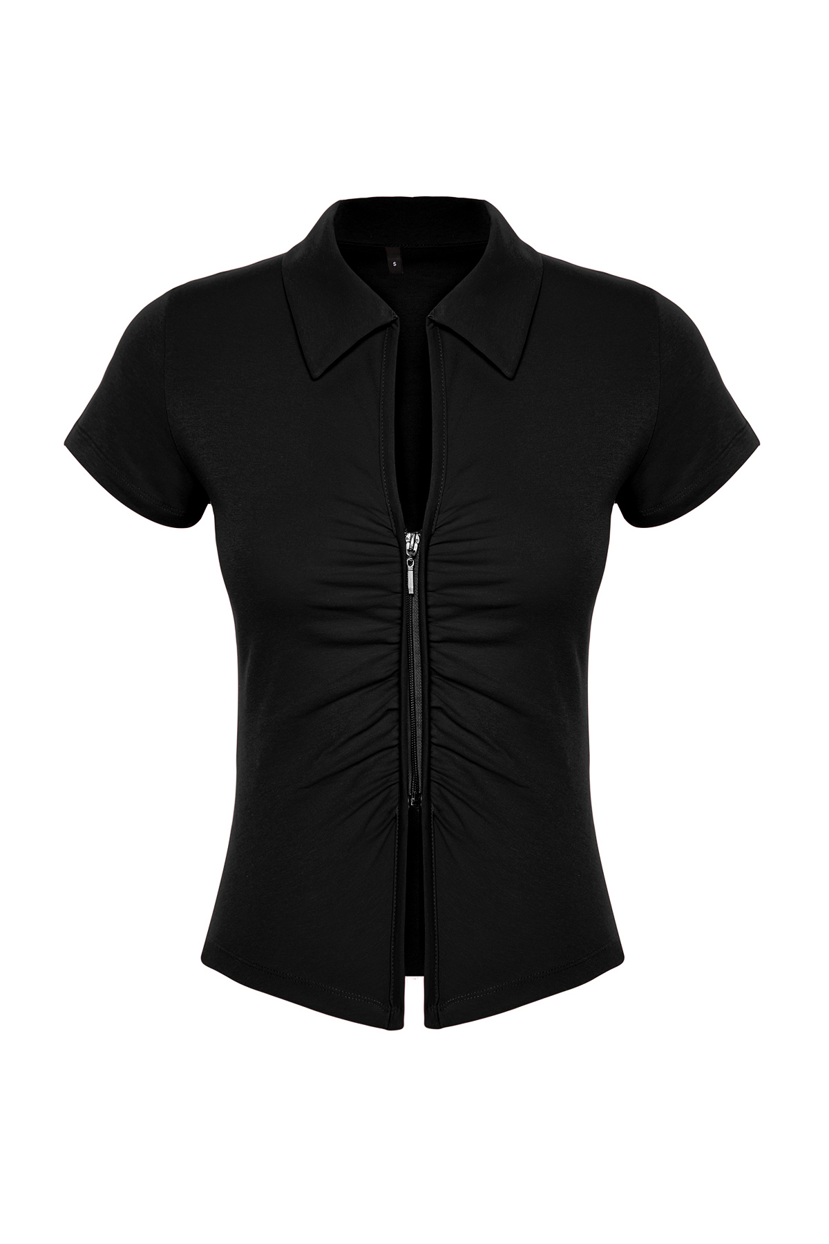 Trendyolmilla  Siyah Regular/Normal Kalıp Polo Yaka Büzgü/Drape Detaylı Fermuarlı Örme Bluz TWOSS24BZ00501 - Görsel 7