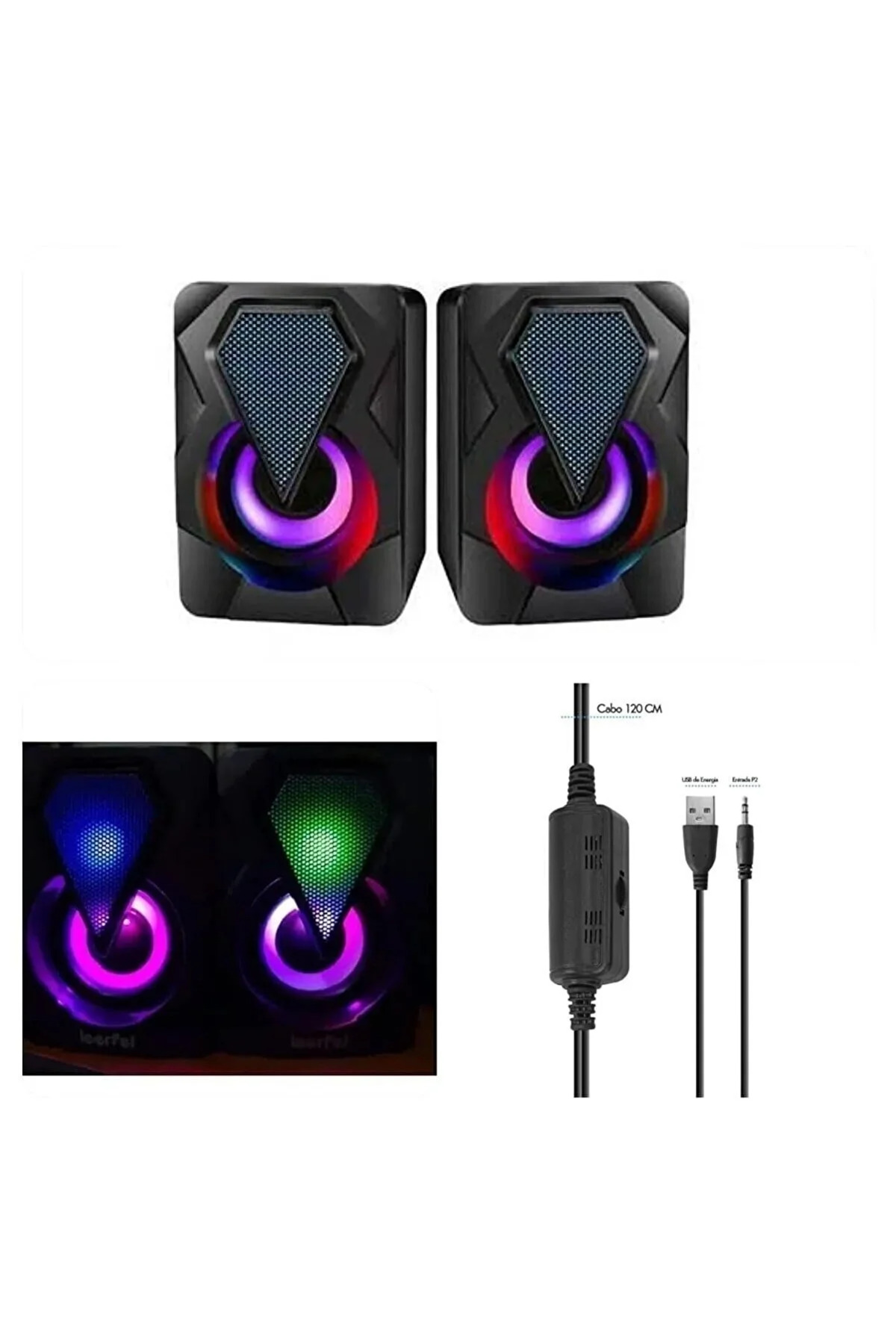 Işıklı Bilgisayar Hoparlörü 1+1 Ses Sistemi 3.5mm Jack Girişli Multimedia Usb Speaker 2