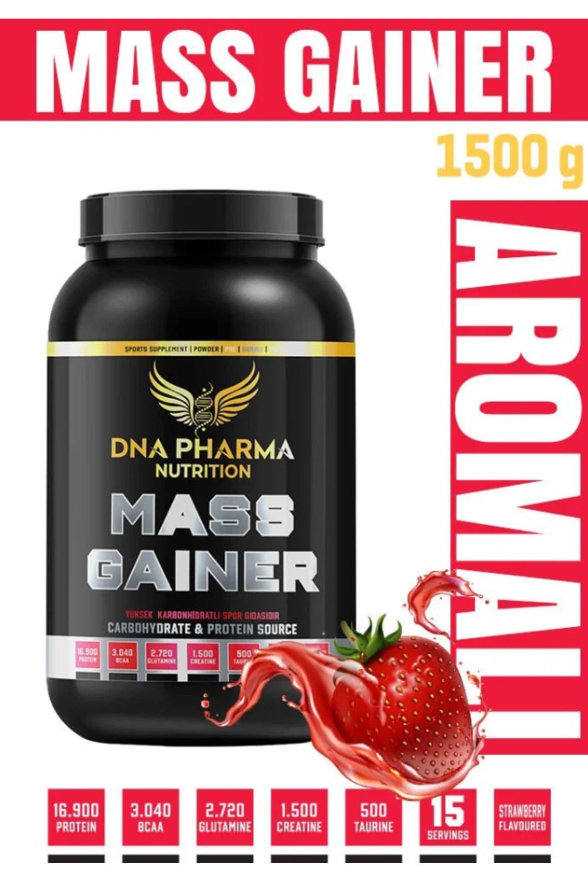 DNA PHARMA Mass Gainer Çilek Aromalı Hacim Kütle Kas Artırma Karbonhidrat 1500 gr