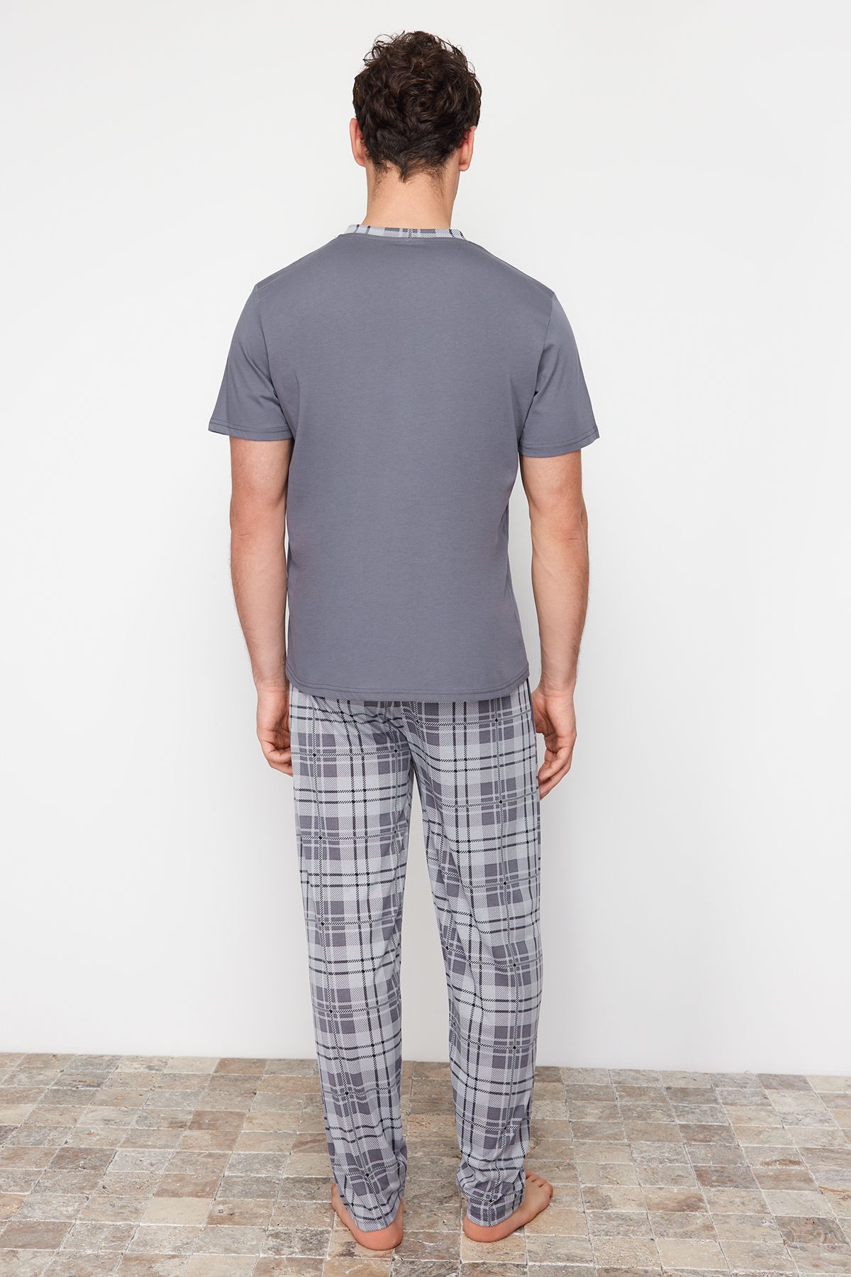 Trendyol Collection-Plaid Patterned Anthracite Knitted Pajama Set - Regular Fit TMNSS24PT00037 6