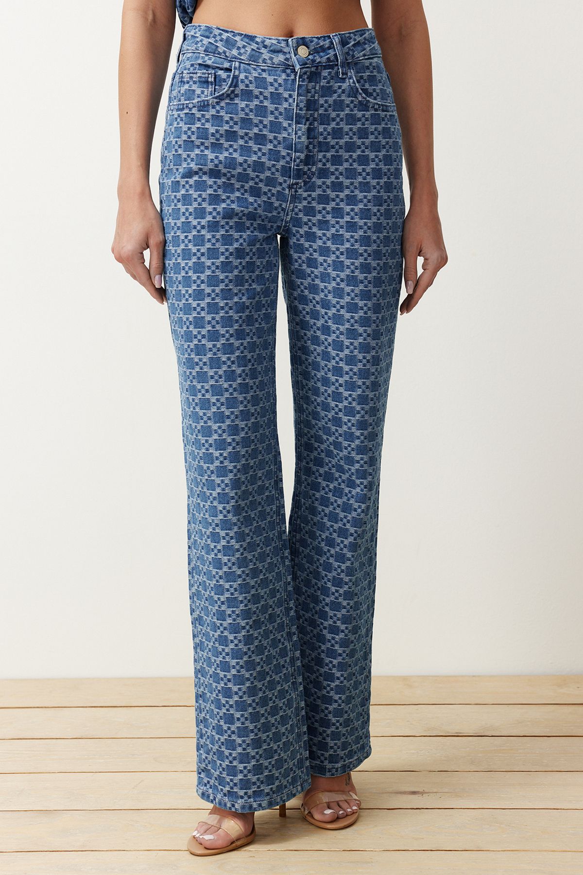 Trendyol Collection-Tmavě modrý potisk High Waist Wide Leg Jeans Twoss24Je00278 6