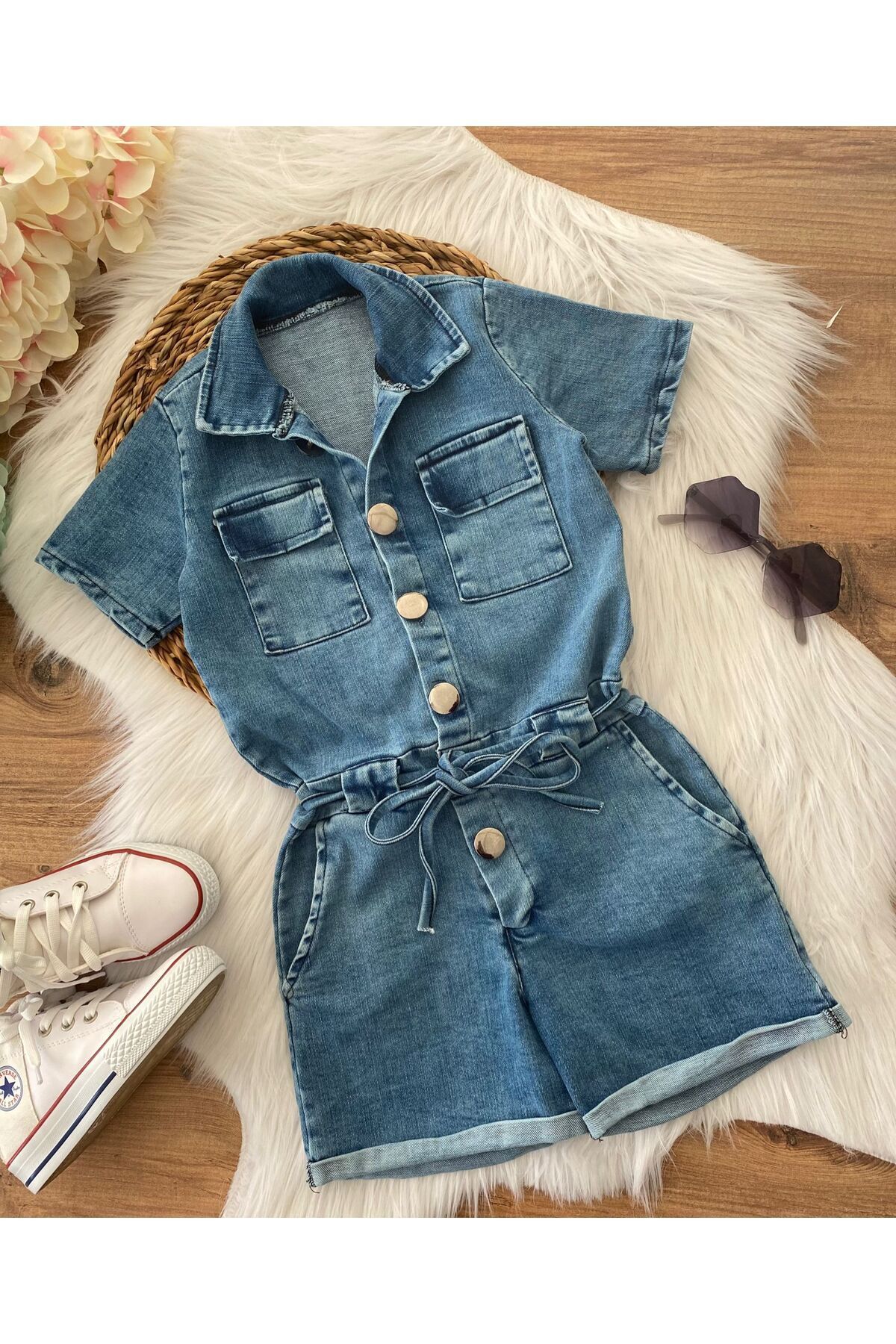 Starqızpaltarı-Salopetă din denim pentru fetiță, cu șireturi în talie, din Lycra 4
