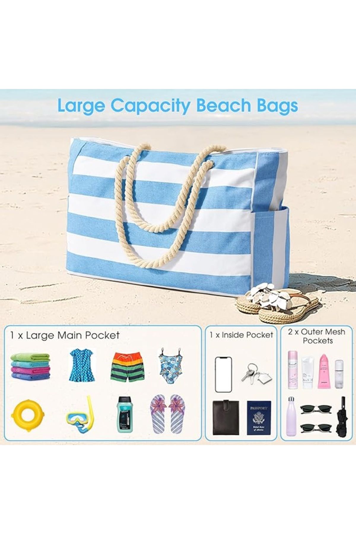 Big beach bags with zipper top