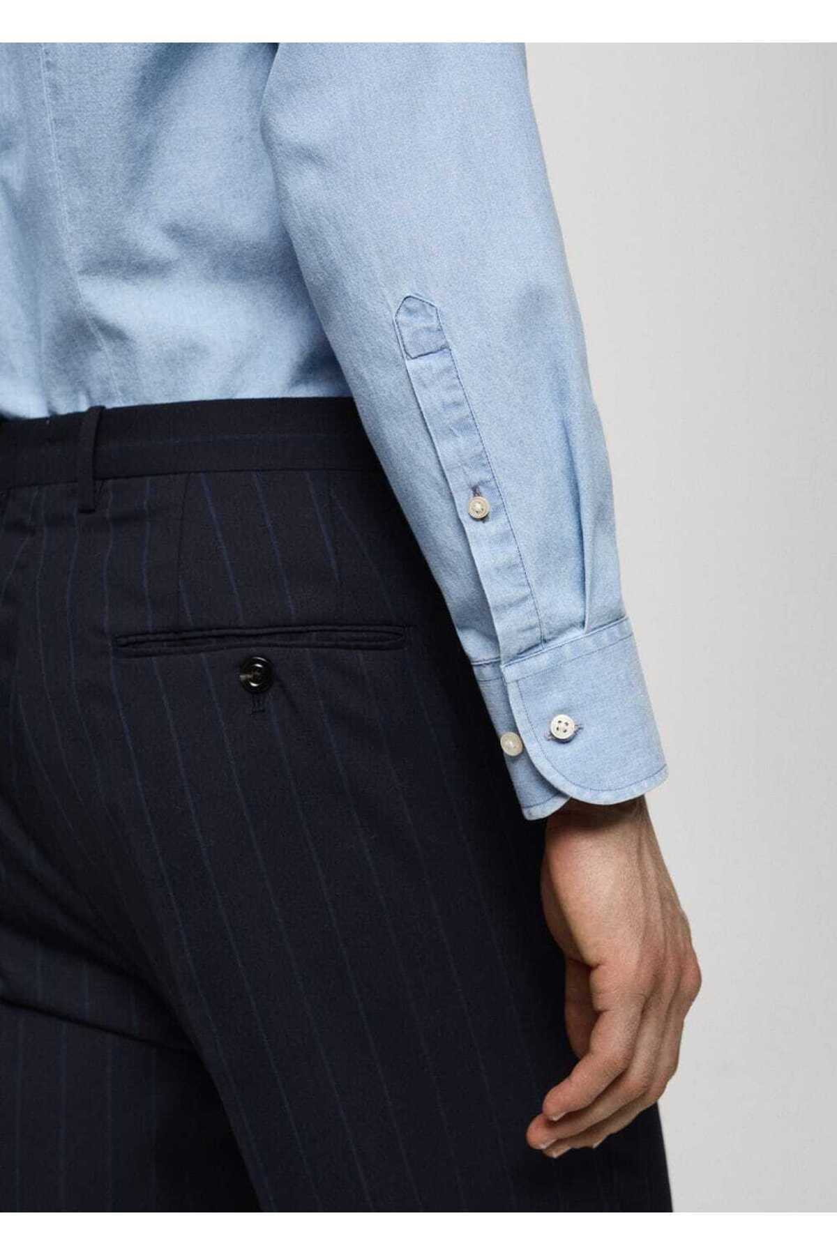 پیراهن مردانه آبی منگوMANGO Man | 67068267 اورجینال - تصویر 7