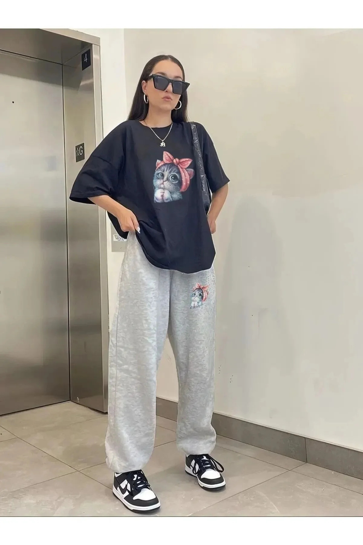 Cute Cat White T-Shirt Black Jogger - Bottom Top Tracksuit Crew Neck