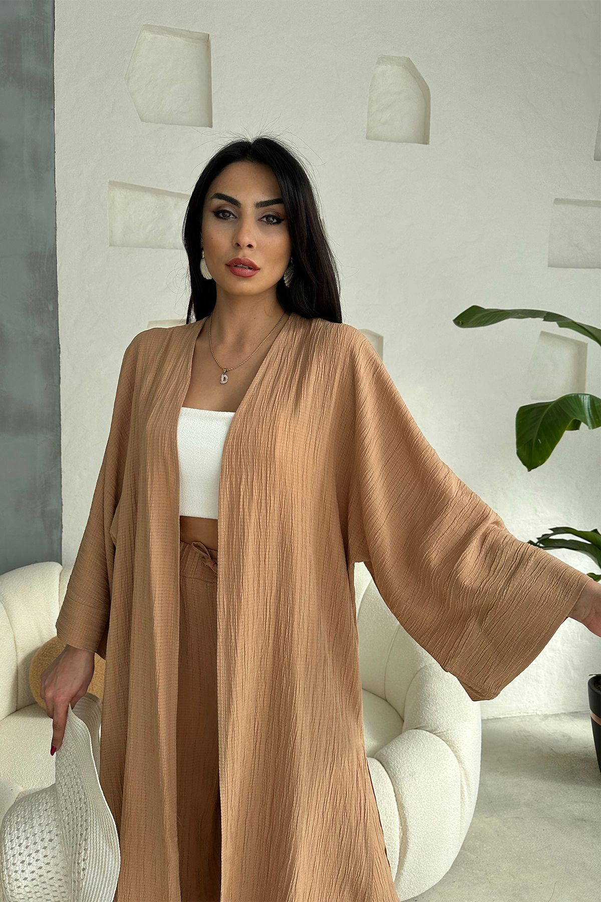 Ortaya Çık-Camel Long Bottom Top Kimono Set 5
