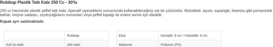 RUBİKAP Plastik Tatlı Kabı 250 Cc - 30'lu Dc.25 Fiyatı, Yorumları - Trendyol