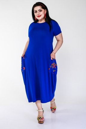 Kadın Büyük Beden Çiçekli Kumaş Cep Detaylı Mavi Elbise 1132
