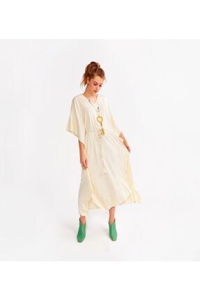 V Yaka Detaylı Kimono Elbise-lhu - 112-ekru 211-5-LHU-W