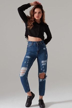 Kadın Koyu Mavi Yüksek Bel Pantolon Yırtık Mom Jeans G1244