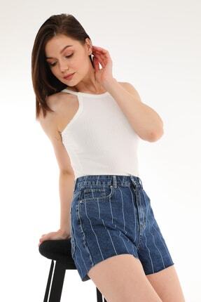 Darkly Jeans Kadın Mavi  Çizgili Yüksek Bel Paçası Kesik Jean Şort