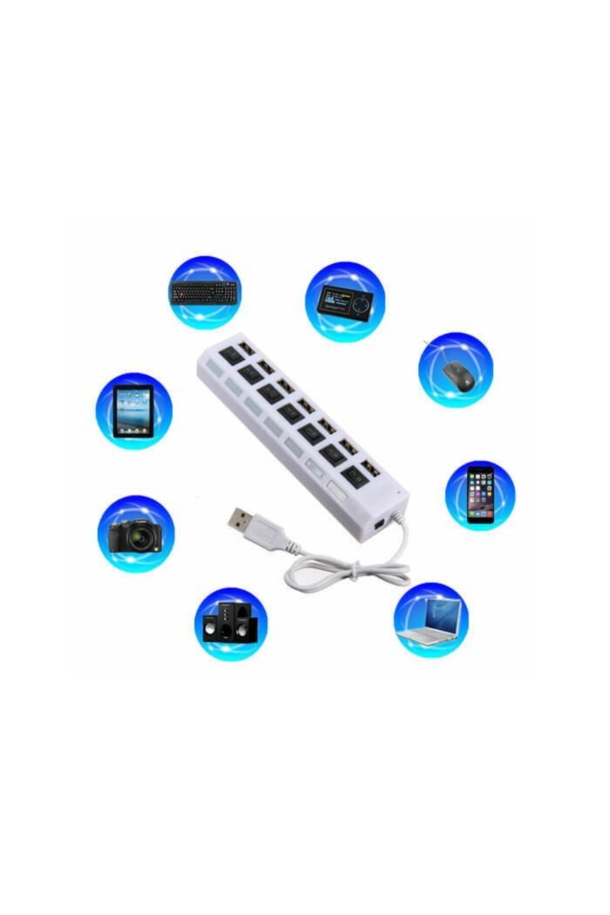 7 Port Usb Hub Çoklayıcı Çoğaltıcı Onoff Düğmeli Işıklı Adaptörlü Beyaz 2