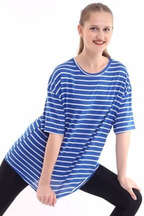 Kadın Mavi Çizgili Salaş Oversize T-shirt 30003080