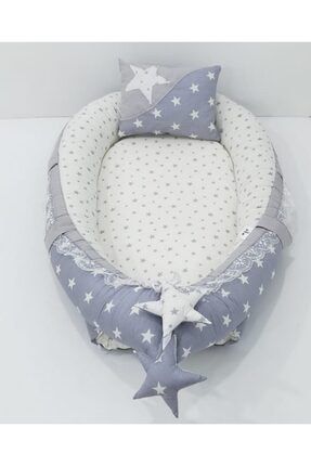 Bebek Anne Yanı Yatak Yastık Hediyeli, Yıldız Desen Gri Renk ZG542