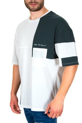 Unisex Ekru Yeşil Oversize Bisiklet Yaka T-shirt WH-2051R