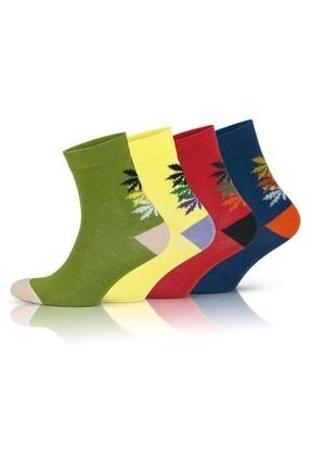 GoWith 4'lü Pamuklu Yaprak Desenli Şık Tarz Renkli Kadın Çorabı 2101 2101-Wom-Cot-Crew