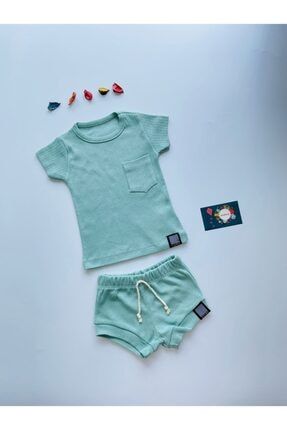 Unisex Bebek Mint Yeşil Fitilli Penye Şort Kısa Kollu Tişört Ikili Takım %100 Pamuk 80285