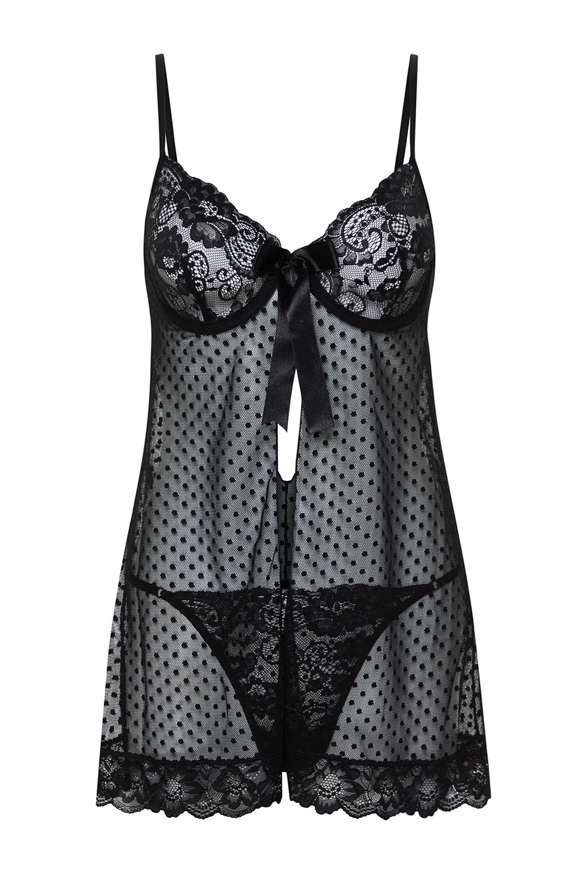 Trendyol Collection-Schwarzes, gepunktetes, kappenloses Babydoll aus Spitze 6