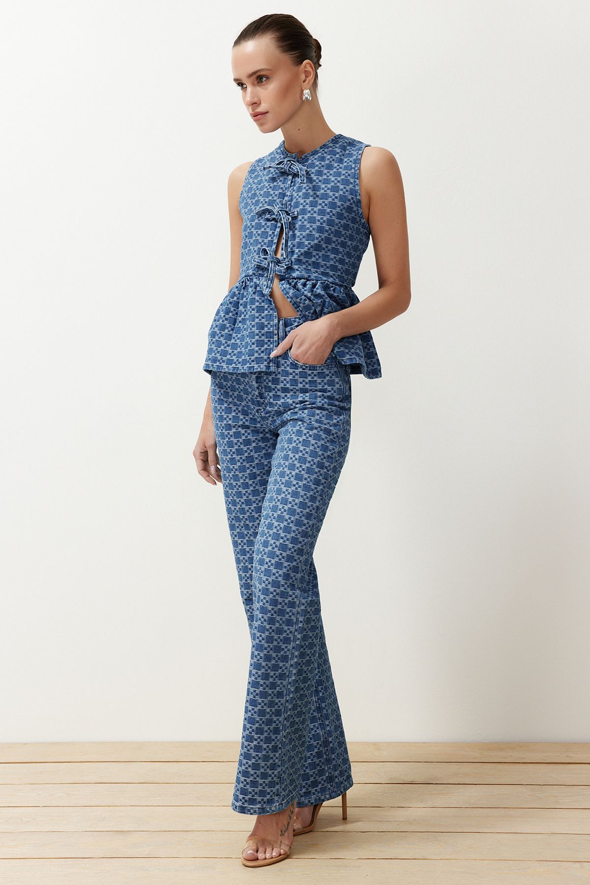 Trendyol Collection-Tmavě modrý potisk High Waist Wide Leg Jeans Twoss24Je00278 3