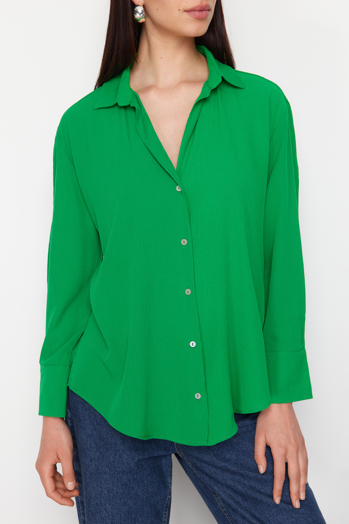 Trendyolmilla  Yeşil Basic Oversize Geniş Kalıp Dokuma Gömlek TWOAW24GO00207 - Görsel 4