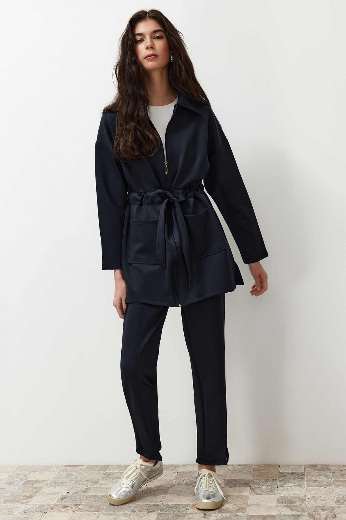 Trendyol Modest-Navy Blue Diver/Scuba Tie Detailed Knitted Top and Bottom Set TCTAW24EN00017 3