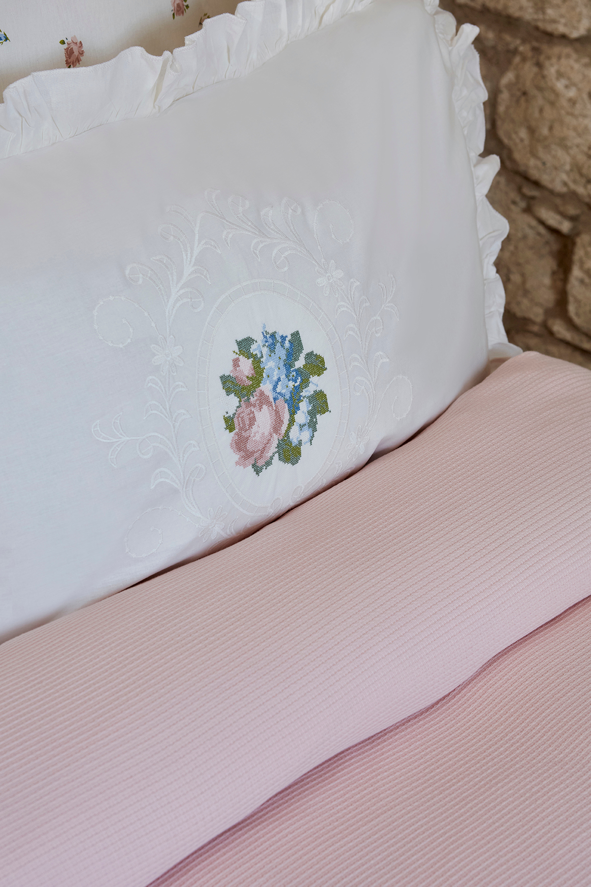 Fayette Çift Kişilik Nakışlı Nish Set Pudra 5
