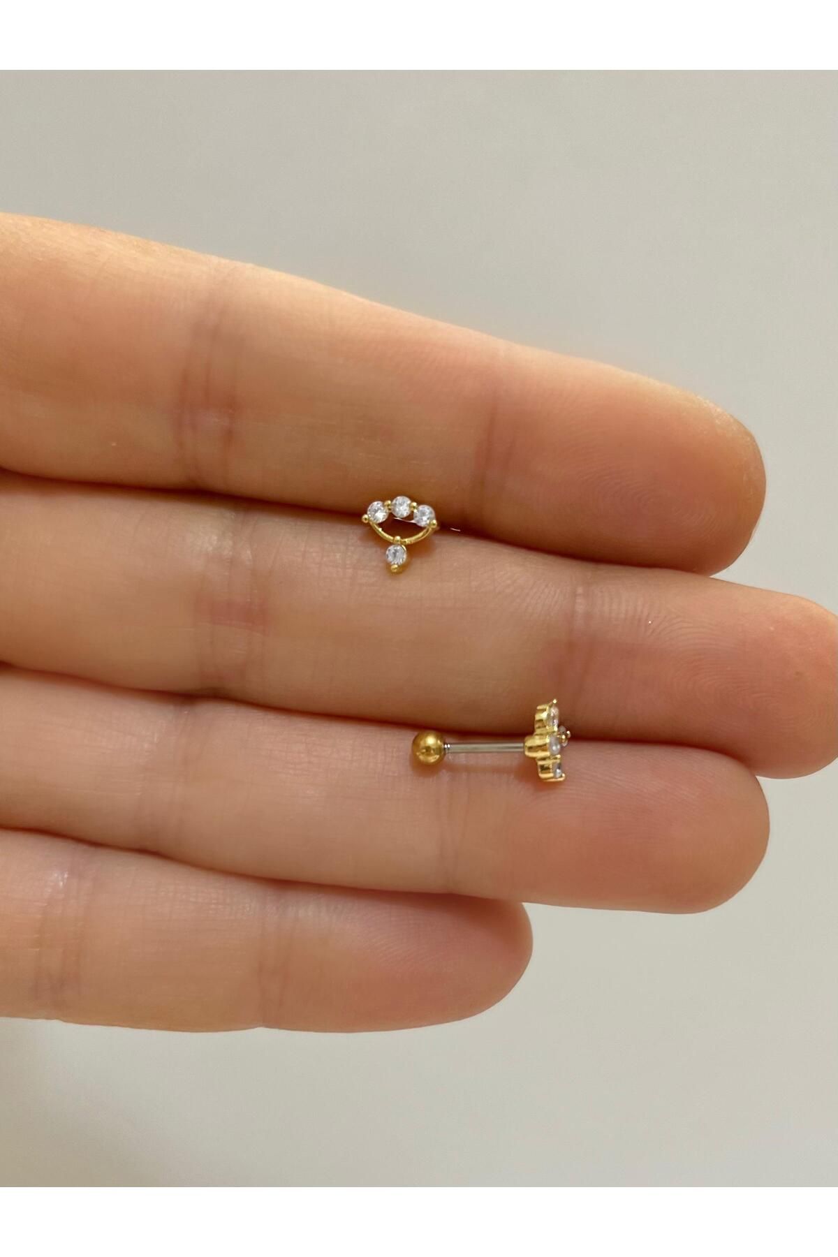 cerrahi çelik zirkon taşlı tragus helix kıkırdak kulak memesi uyumlu piercing küpe  (1 adet )