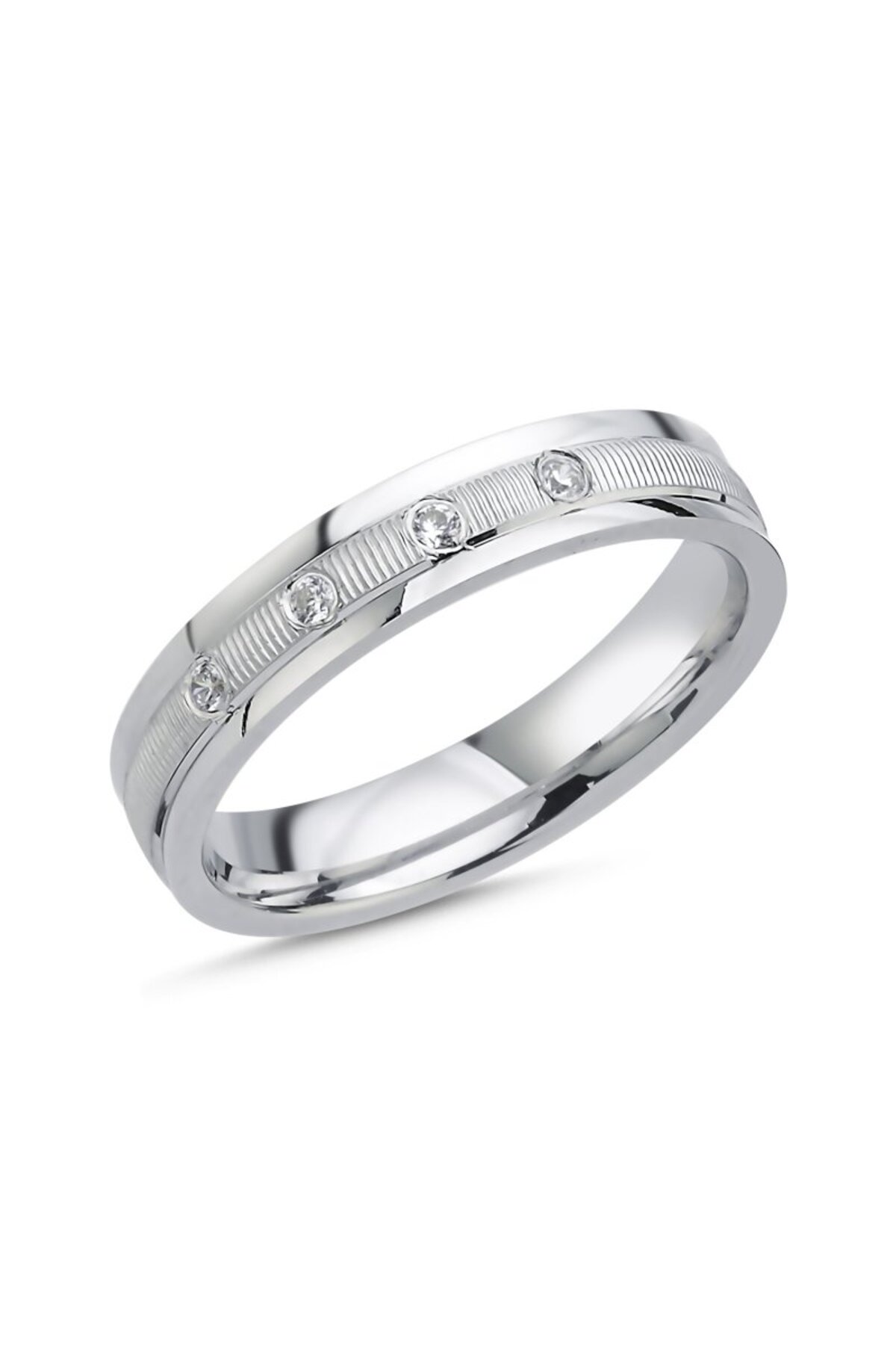 4 mm großer, gewölbter, gestreifter Ehering aus 925er-Sterlingsilber mit Zirkonsteinen für Damen - Kovac