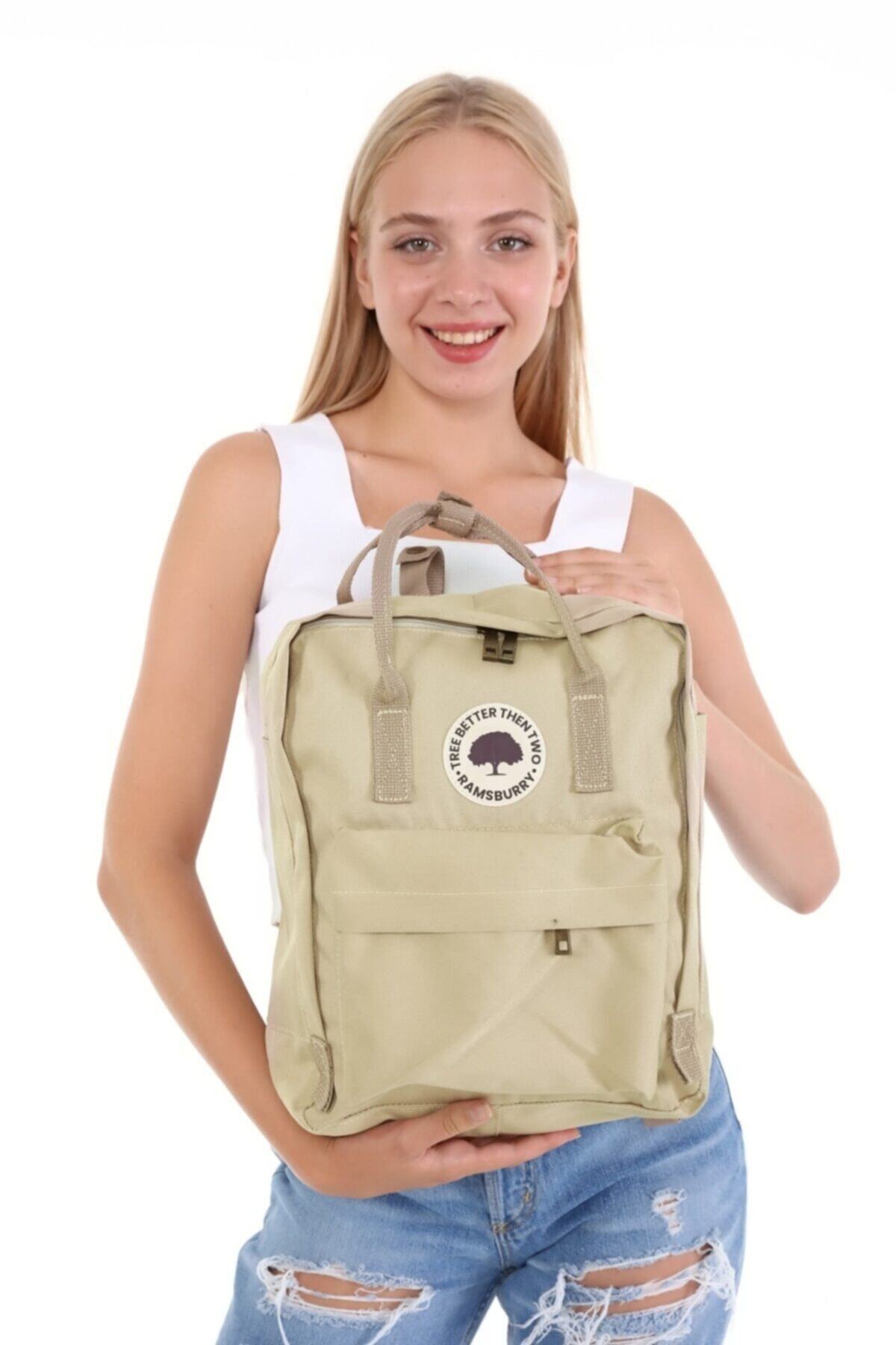 Ramsburry Unisex Krem Renk Okul Çantası Uyumlu 14 Inç Laptop Çantası, Siyah Sırt Çantası görsel 5