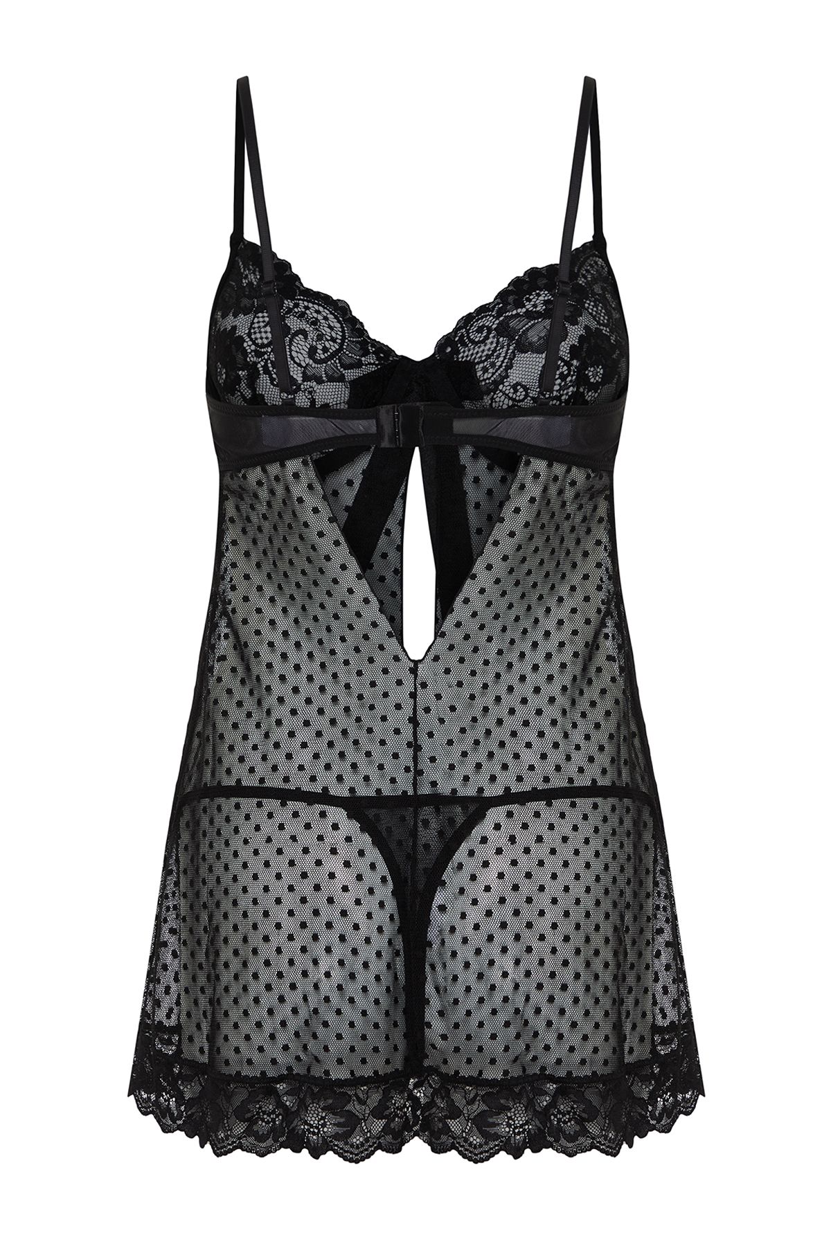 Trendyol Collection-Schwarzes, gepunktetes, kappenloses Babydoll aus Spitze 8
