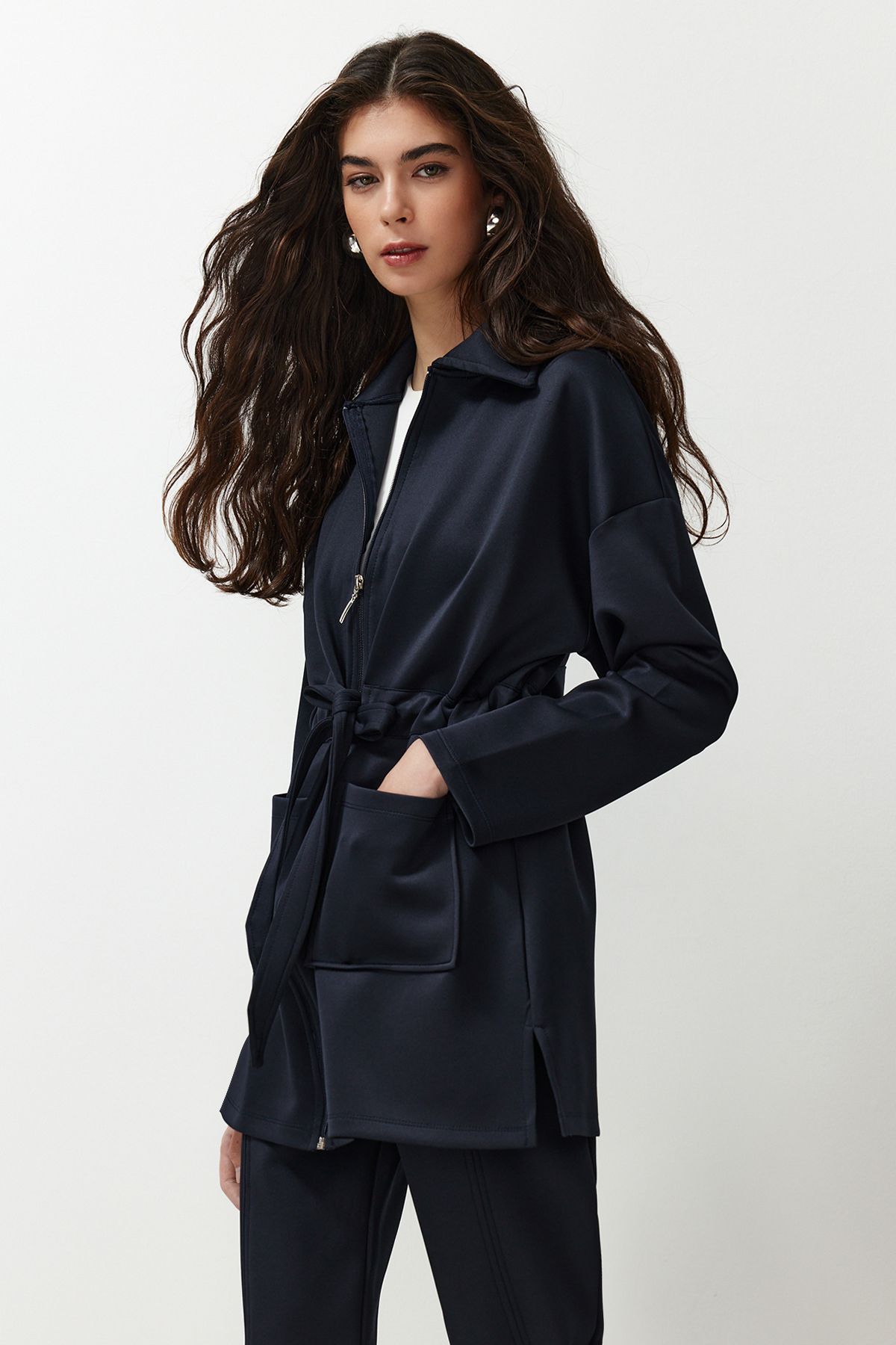 Trendyol Modest-Navy Blue Diver/Scuba Tie Detailed Knitted Top and Bottom Set TCTAW24EN00017 2