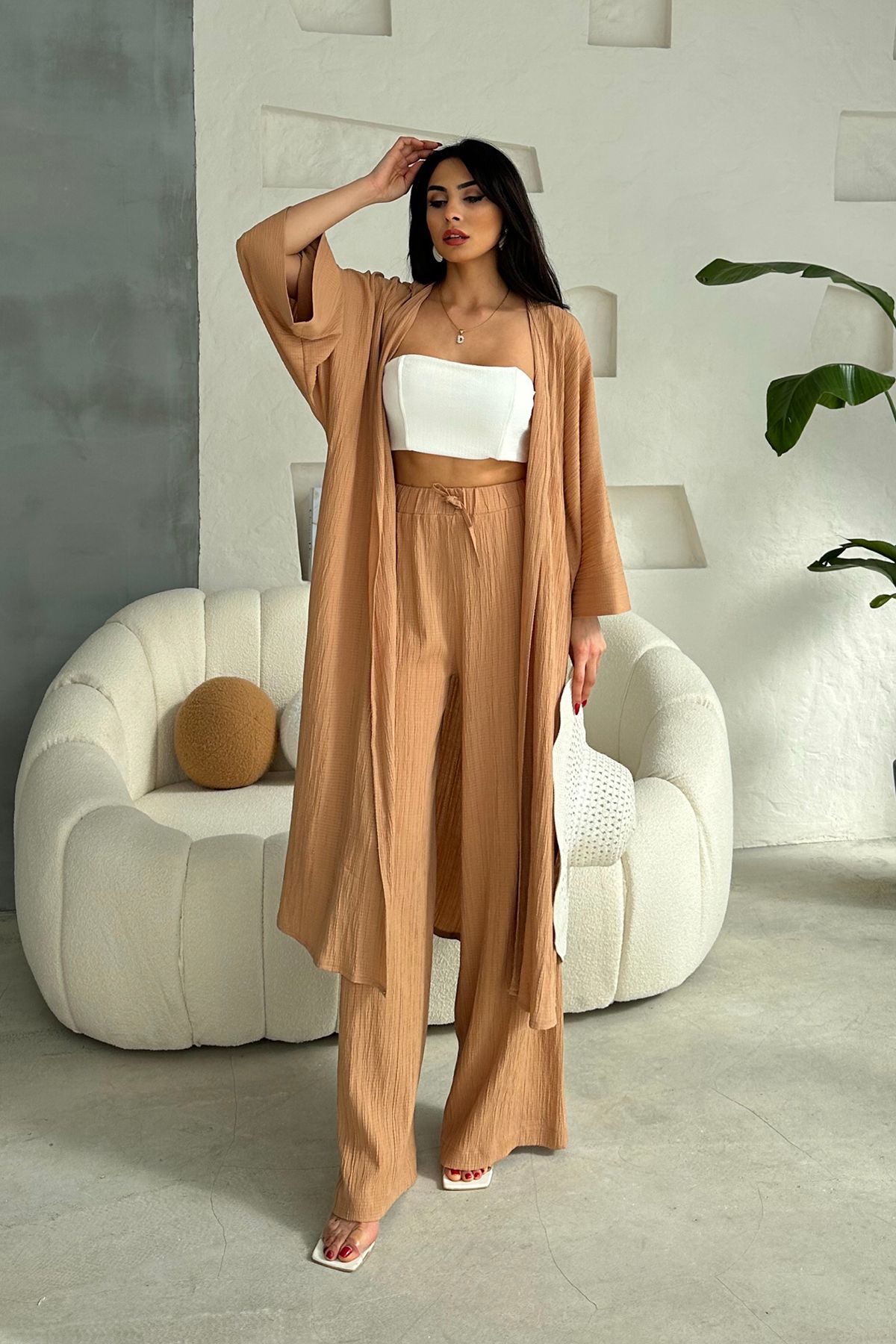 Ortaya Çık-Camel Long Bottom Top Kimono Set 2