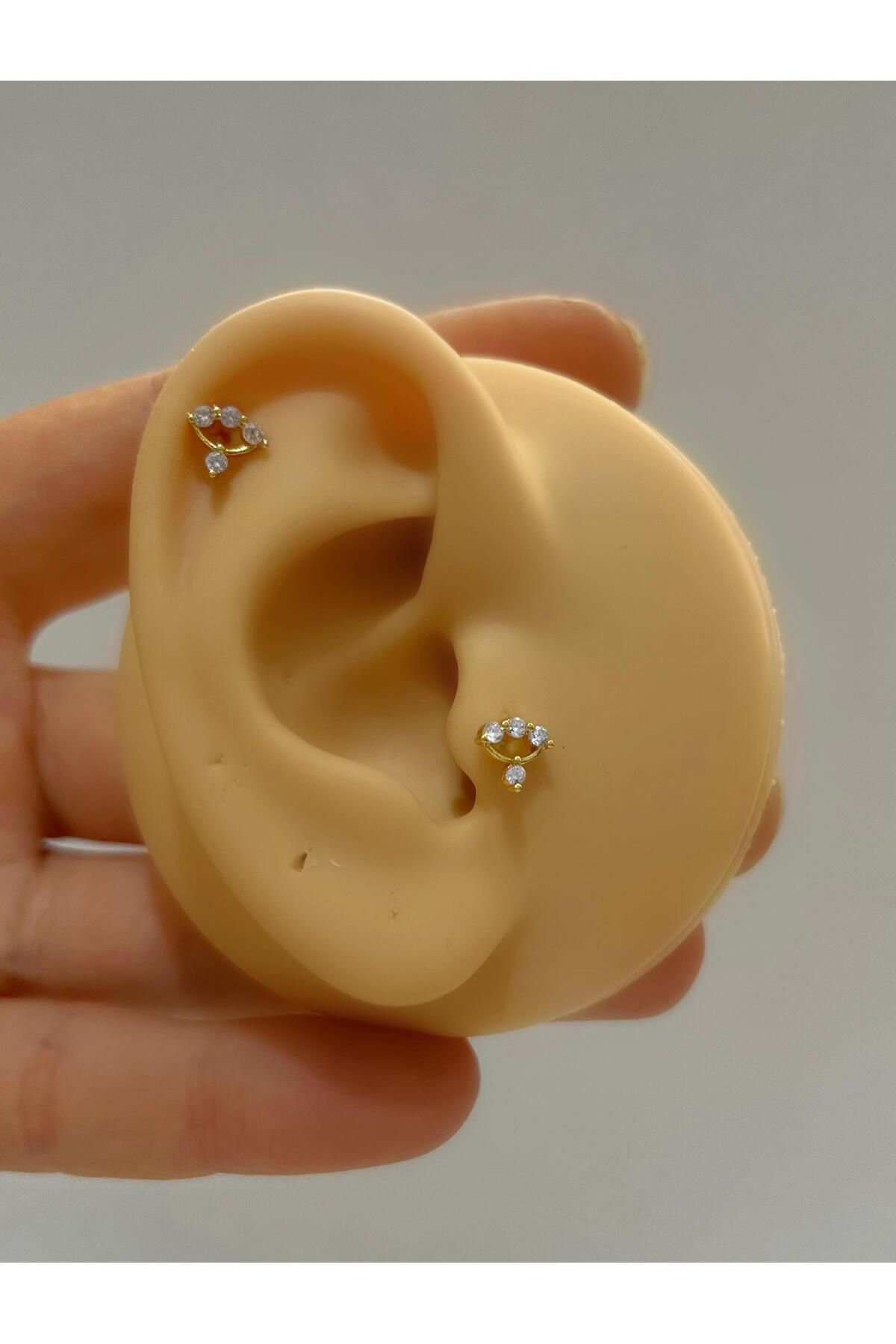 cerrahi çelik zirkon taşlı tragus helix kıkırdak kulak memesi uyumlu piercing küpe  (1 adet )