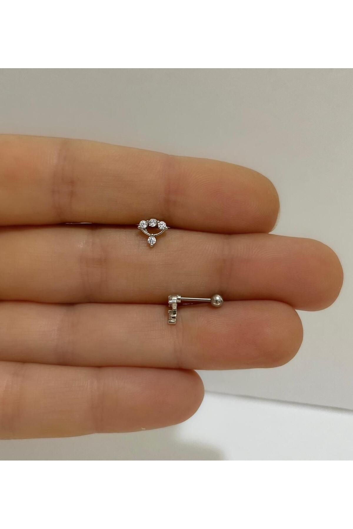 cerrahi çelik zirkon taşlı tragus helix kıkırdak kulak memesi uyumlu piercing küpe  (1 adet )