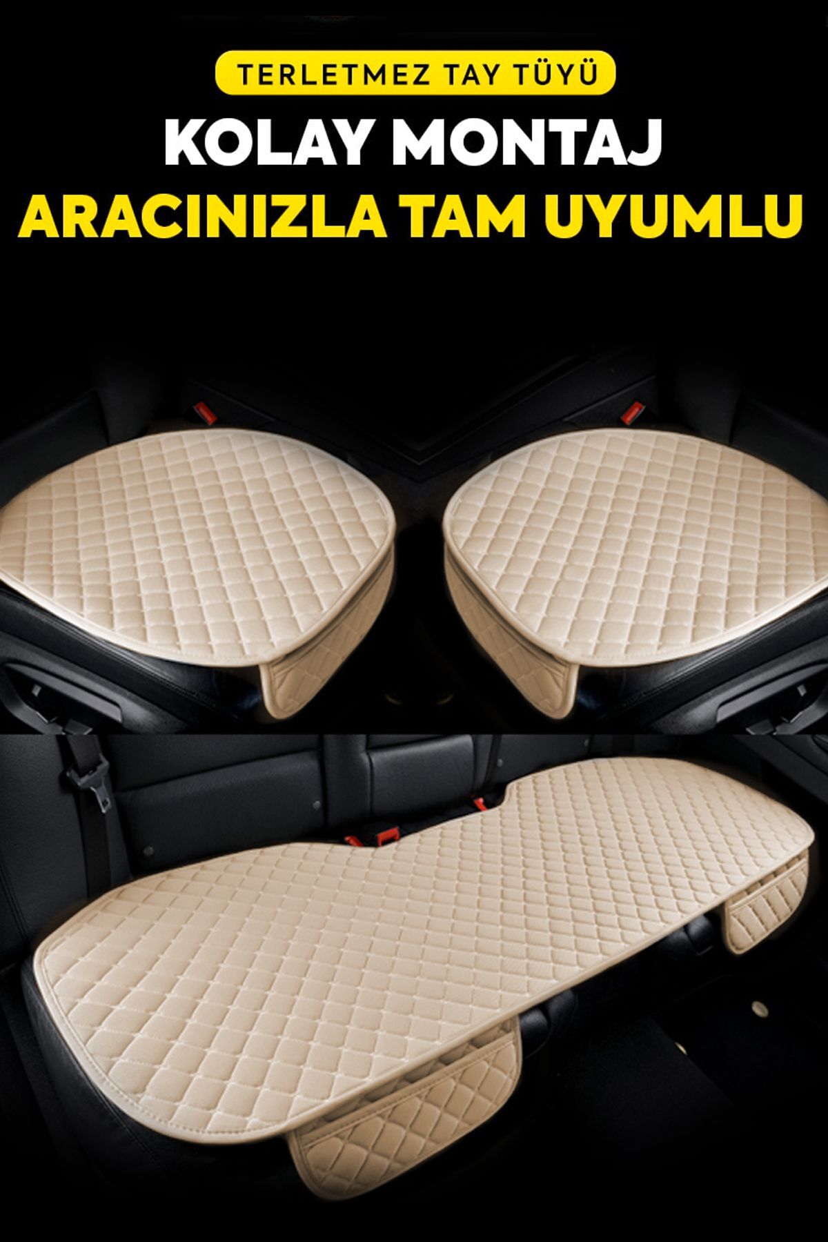 TEKNOCLUB Tay Tüyü Cepli & Terletmez Oto Koltuk Minder Seti - Koltuk Koruma Kılıfı (3'lü Set) Bej fotoğrafı 2 (önizleme)