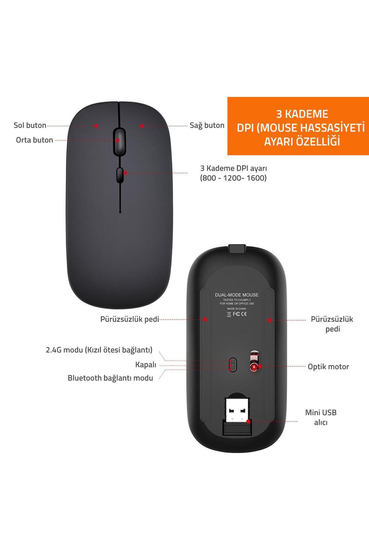 Kablosuz 100mah Şarjlı Pilli 2.4 Ghz Sessiz Bluetooth Mouse 6
