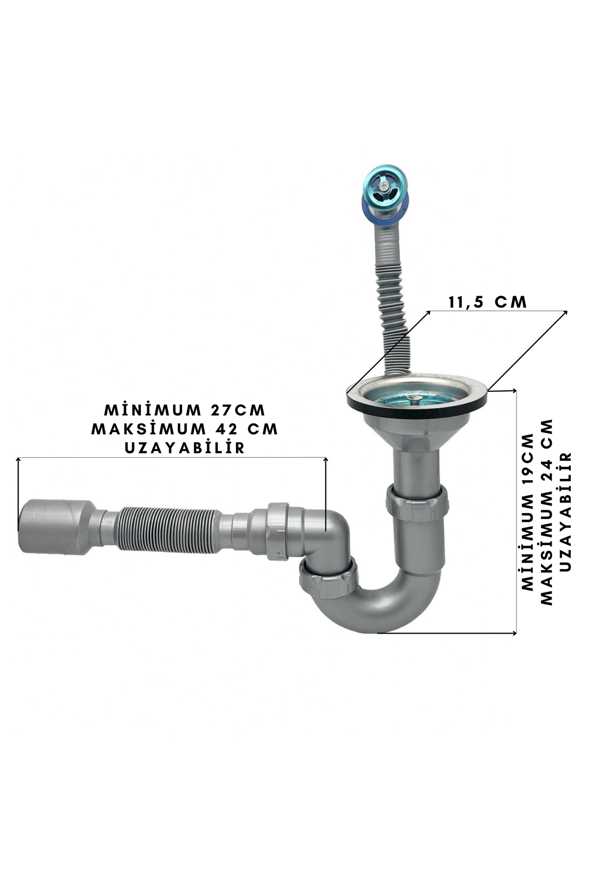KOLDOOR Donau Lüx Gri Çöpmak  Taşmalı Körüklü Eviye Sifonu Teka Uyumlu Ø 50 Çıkış